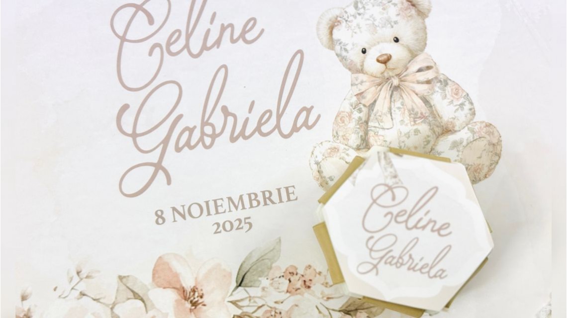 Trusou botez Nude Teddy Bear Toile de Jouy bej crem cu accente light pink și pattern floral vintage 40